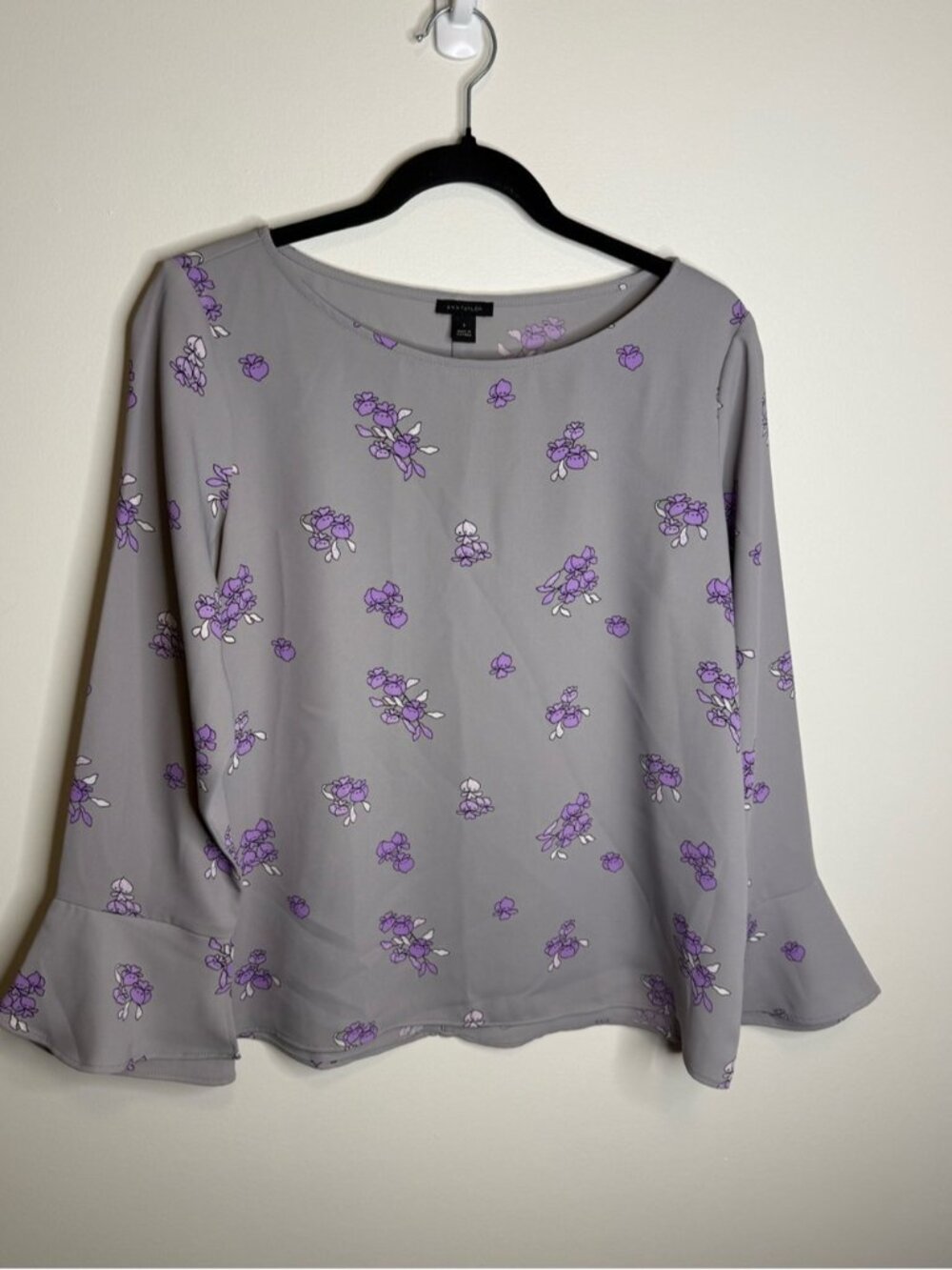 Ann Taylor Gray Blouse with Purple Floral Print size small